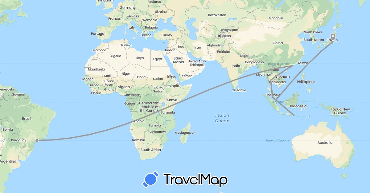 TravelMap itinerary: driving, plane in Brazil, China, Indonesia, Japan, Malaysia, Singapore, Thailand (Asia, South America)